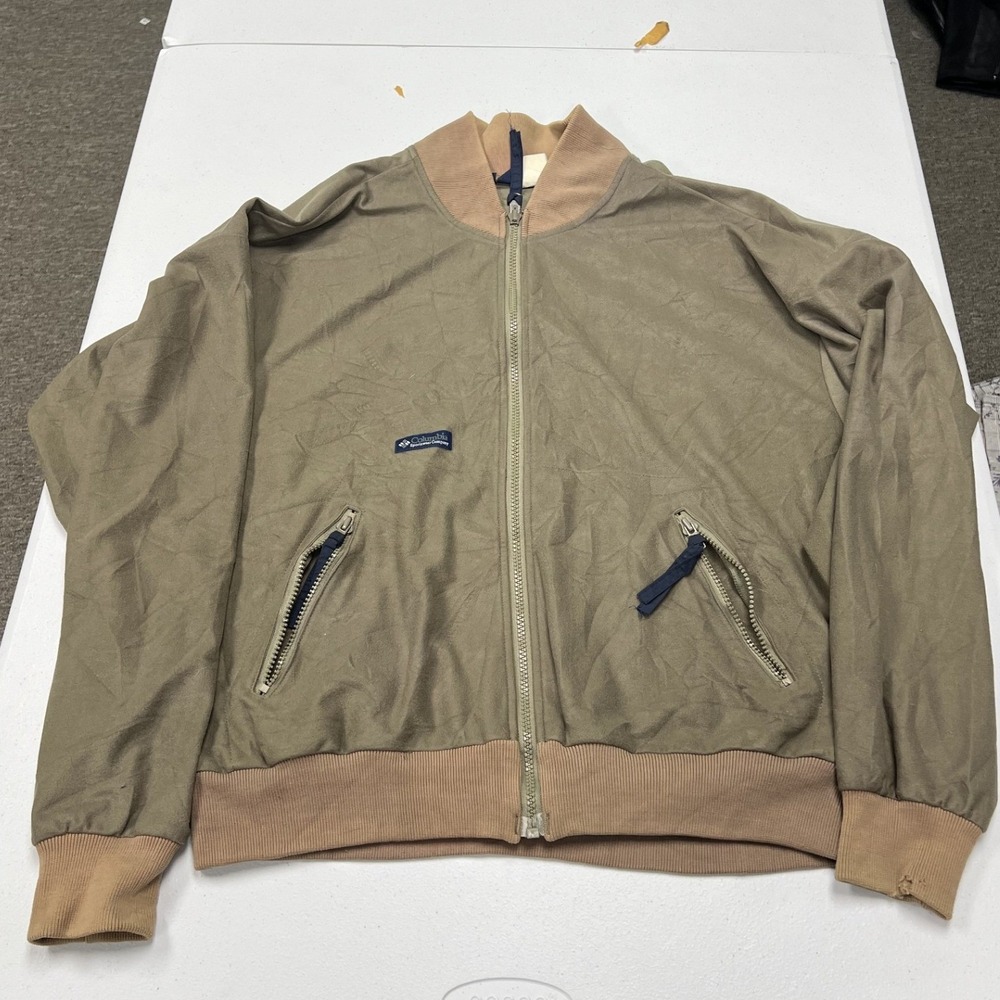 Columbia Bomber Jacket Mens L Olive Khaki Vintage Full Zip Lightweight Ribbed